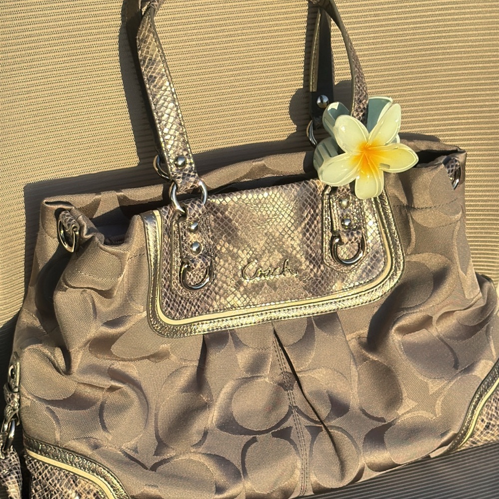 Authentic Coach Signature Gray Satchel with Snakeskin Trim